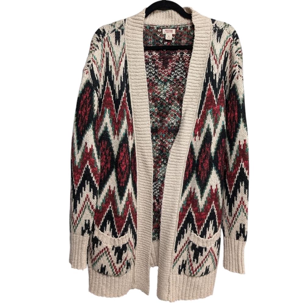 Festive Chevron Print Open Front Oversized Knit Cardigan Sweater XL